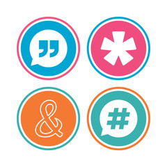 Quote, asterisk footnote icons. Hashtag symbol.