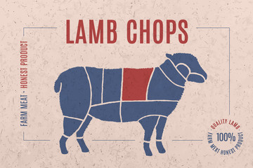 Label for lamb meat with text Lamb Chops. Creative graphic design for butcher shop, farmer market. Advertising poster for meat related theme. Vector Illustration © foxysgraphic