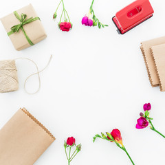 Flowers and details isolated on white background. Flat lay, Top view.