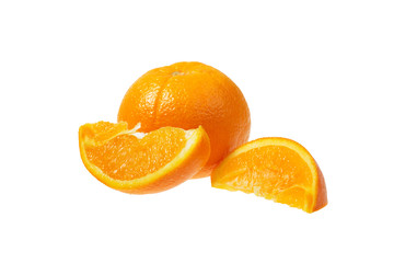 Ripe slice of orange on a white background