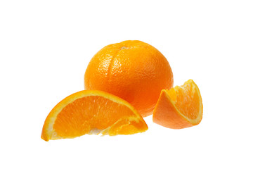 Ripe slice of orange on a white background