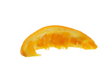 Eaten slice of orange on a white background