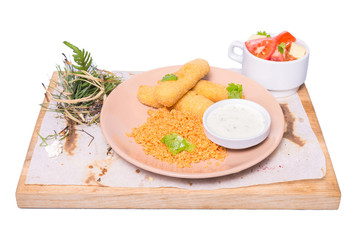Tasty restaurant food on a white background. Fresh food prepared by chefs