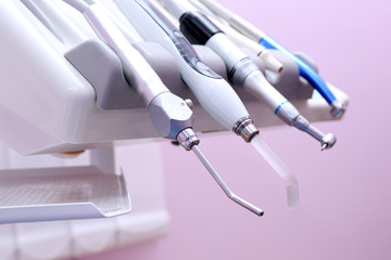 Dental instruments in modern clinic, closeup