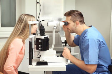 Fototapeta na wymiar Ophthalmologist measuring intraocular pressure of young woman in clinic