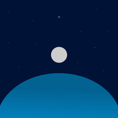 The blue space from a planet with a satellite and a star in the dark background