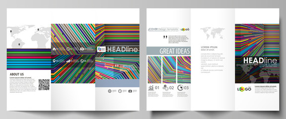 Tri-fold brochure business templates on both sides. Easy editable abstract vector layout in flat design. Bright color lines, colorful style with geometric shapes, beautiful minimalist background.