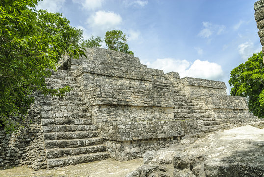 top part of the big pyramid in the reservation of the biosphere, national park and archaeological place of Calakmul, Quintana Roo, Mexico