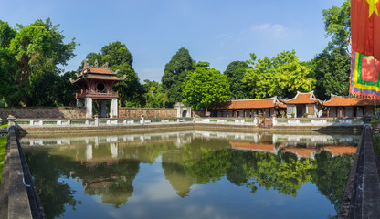 Panorama view of third courtyard in ancient Temple of Literature (Van Mieu), with the Thien Quang well and the red Khue Van pavilion, two great halls which house the treasures of the temple