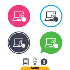 Touch screen laptop sign. Hand pointer symbol.