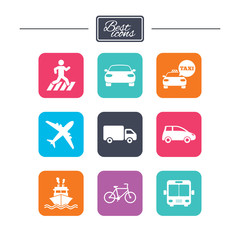 Transport icons. Car, bike, bus and taxi signs.