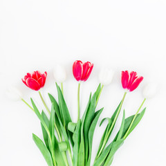 Tulip Flowers isolated on white background. Flat lay, Top view.