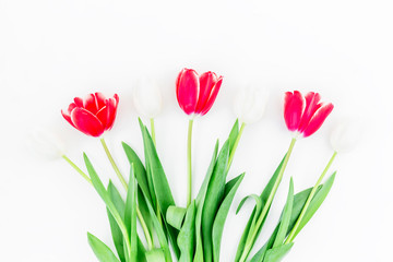 Bouquet with tulips isolated on white background. Flat lay, Top view.