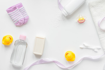 baby accessories for bath with duck on white background