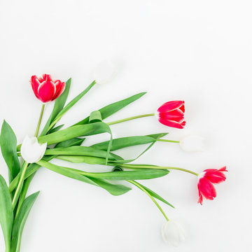Bouquet with tulips isolated on white background. Flat lay, Top view.