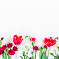 Pattern with spring flowers isolated on white background. Flat lay,