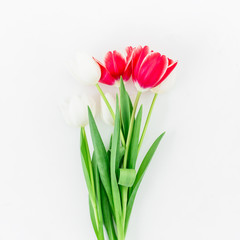 Tulip flowers isolated on white background. Flat lay,