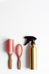hairdresser working desk preparation for cutting hair top view