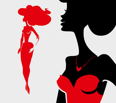 Female silhouette in red dress narrow. Stylish vector illustration of fashion and beauty.