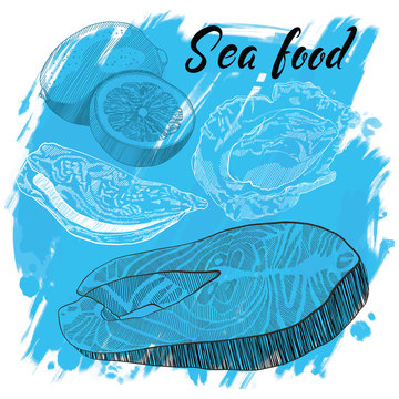 Hand drawn vector illustration, design for a seafood restaurant menu. The picture shows the salmon steak, lemon and oyster on a blue background.
