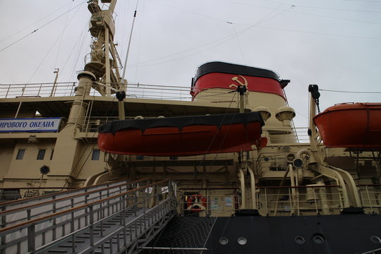 Chimney of icebreaker Krasin on Neva river in Saint Petersburg, Russia