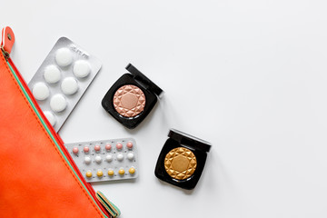 concept of female contraception and healthcare on white background