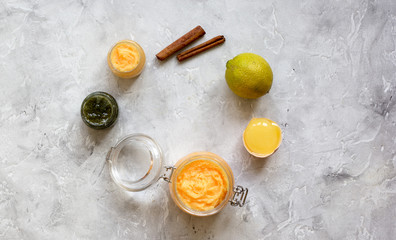 organic citrus scrub homemade on gray background top view