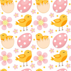 Cute Easter seamless pattern with birds and eggs. Endless Spring background, texture, digital paper. Vector illustration