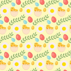 Cute Easter seamless pattern with chick, eggs and flowers, endless backdrop. Holiday background, texture, digital paper. Vector illustration