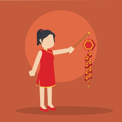 chinese girl holding chinese firecracker