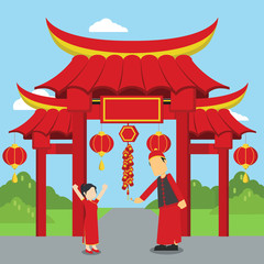 chinese man playing firecrackers with his daughter