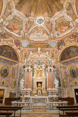 Fototapeta na wymiar BRESCIA, ITALY - MAY 21, 2016: The main altar and the frescoes of cardinal virtues in Chiesa di Santa Maria della Carita by Ferdinando Cairo and Luigi Vernazal from 18. cent.