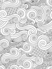 Abstract hand drawn outline wave curl seamless pattern in east asian style isolated on white background. - 133972567