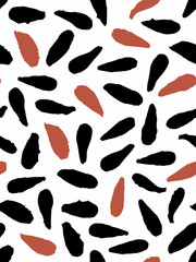 Seamless pattern. Ink and brush. Black and red seeds on a white background. Abstract. Hand drawn. Vector illustration.