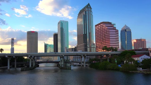 Tampa, Florida city skyline along waterfront in downtown (logos blurred for commercial use)
