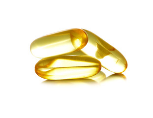Cod liver oil omega 3 gel capsules isolated on white background