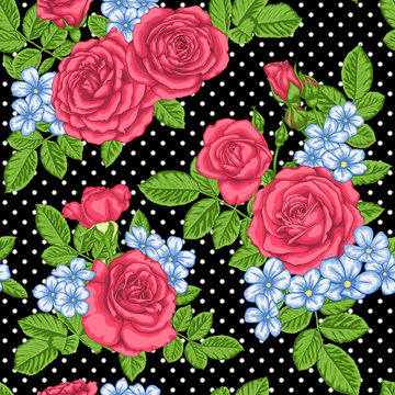 beautiful vintage seamless pattern with bouquets of roses and leaves.