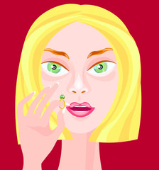 Vector illustration with pretty blond fashion girl looking at the ring with green stone