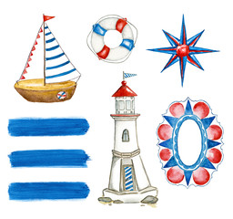 Watercolour nautical set with colourful cartoon a boat, lighthouse, lifebuoy, Rose of Wind, blue stripes, pattern on white background - 133976159