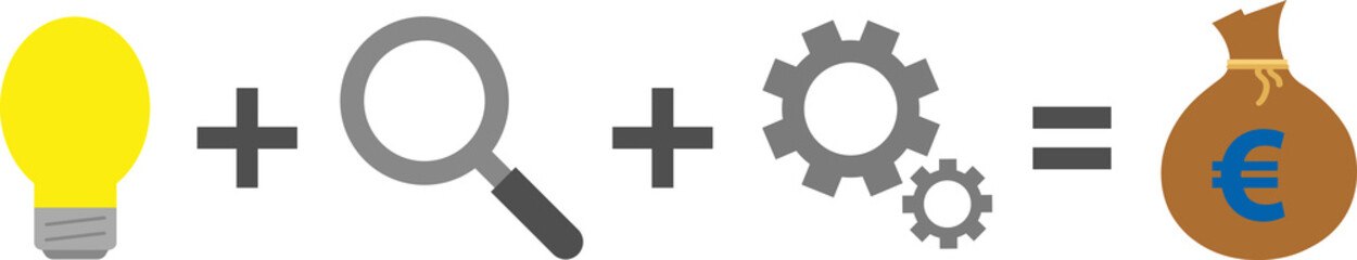 Light bulb, magnifier, gears equals euro