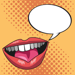 pop art lips bubble speech yellow dotted background vector illustration
