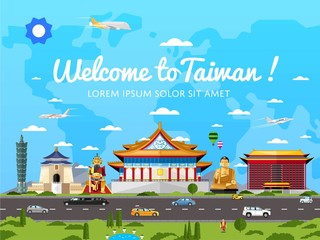 Welcome to Taiwan poster with famous attractions vector illustration. Travel design with asian statue, ancient temple and monument. Worldwide traveling, taiwan landmark, time to travel concept.