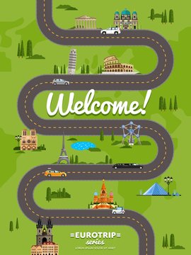 Welcome to Europe poster with famous attractions along winding road vector illustration. Travel concep with Eiffel Tower, Leaning Tower, Kremlin, Coliseum. Worldwide traveling, time to travel concept
