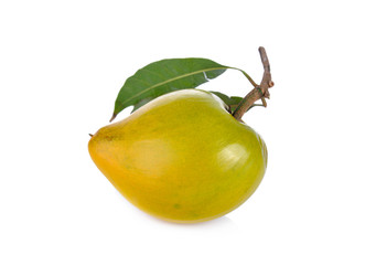 ripe Tiesa or egg fruit with stem and leaves on white background