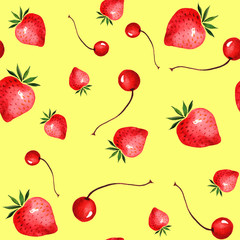 Seamless watercolor background, with a vintage pattern of red berries - cherries and strawberries. Option on a yellow background
