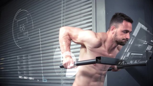 Bodybuilder performing parallel-bar dips against animated background