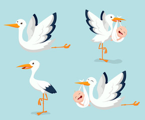 Cartoon Cute stork carrying baby 