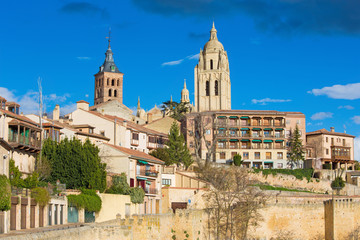 Fototapeta na wymiar Segovia - The walls of the Town and the cathedral tower in the background