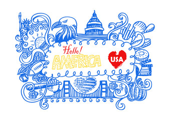 USA travel symbols in hand drawn sketch