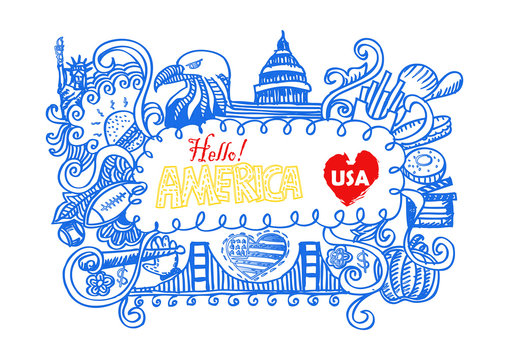 USA travel symbols in hand drawn sketch